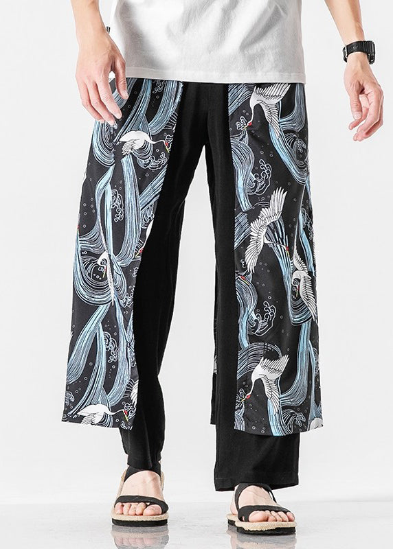 Japanese Casual Peacock Blue Oriental Print Cotton Men Pants Summer SA049 Men-casual-MENCP240726