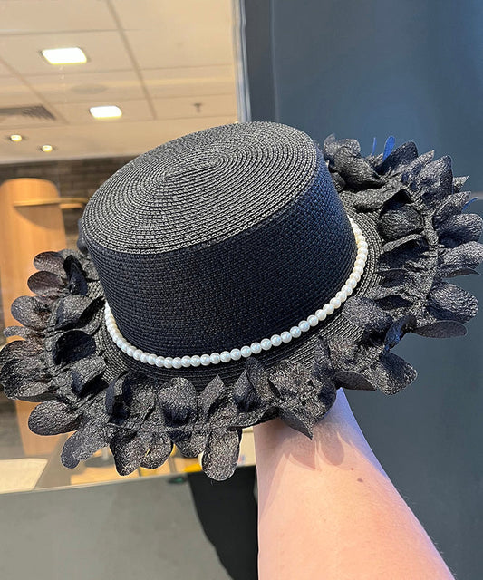 Japanese Cloche Woven Edge Lace Hat Pearl Elegant Straw Black FashionChic