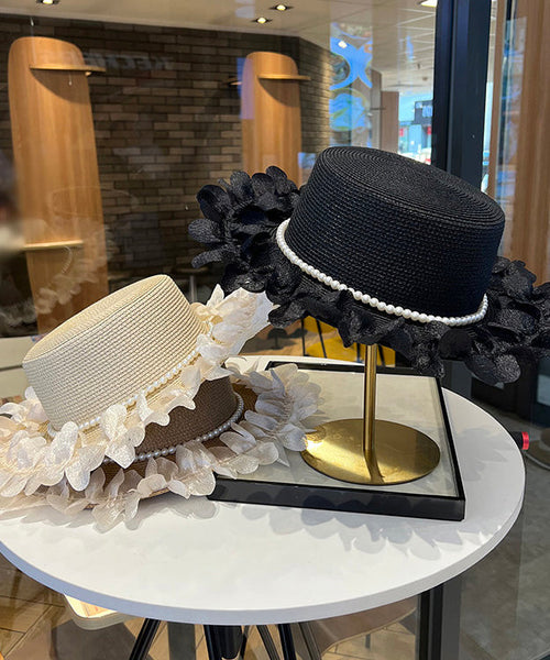 Japanese Cloche Woven Edge Lace Hat Pearl Elegant Straw Black FashionChic