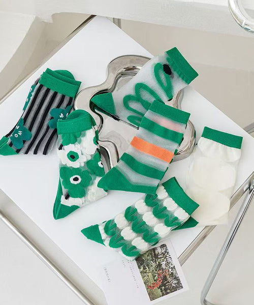 Japanese Style Green Series Jacquard Breathable Mid Length Socks KJ050 WZ240714