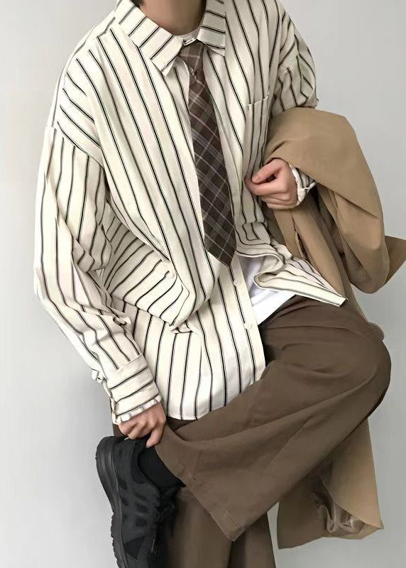 Japanese Style Khaki Peter Pan Collar Striped Men Shirts Fall RO009 ABC