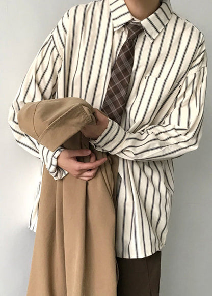 Japanese Style Khaki Peter Pan Collar Striped Men Shirts Fall RO009 ABC