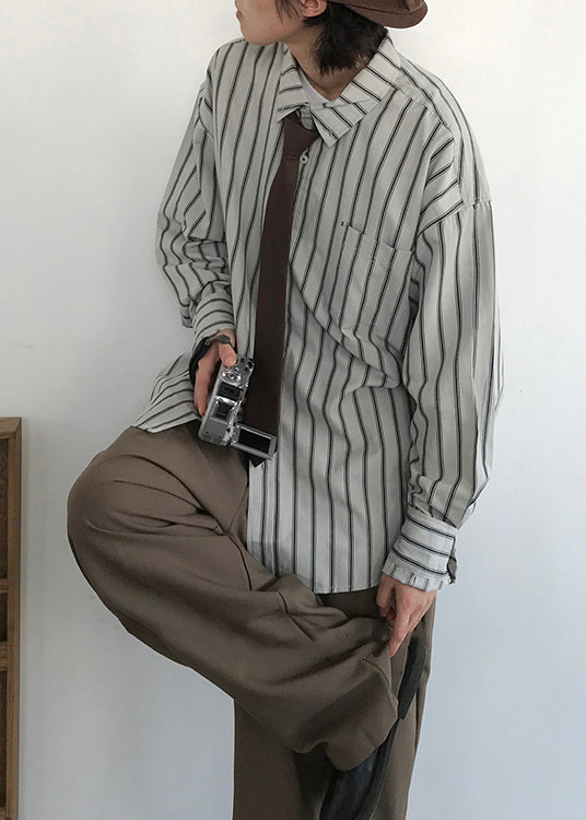 Japanese Style Khaki Peter Pan Collar Striped Men Shirts Fall RO009 ABC