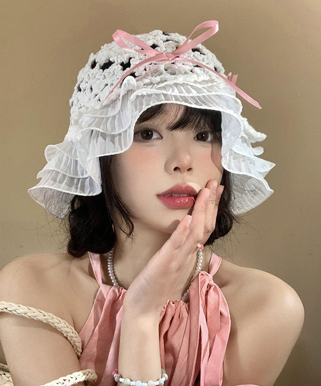 Japanese Style Knitted Hollow Out Bow Ruffled Bucket Hat WI026 hat-HAT241105