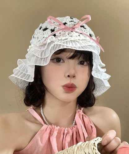 Japanese Style Knitted Hollow Out Bow Ruffled Bucket Hat WI026 hat-HAT241105