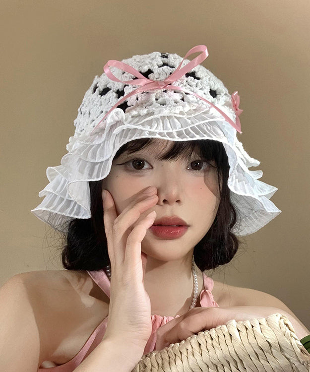 Japanese Style Knitted Hollow Out Bow Ruffled Bucket Hat WI026 hat-HAT241105