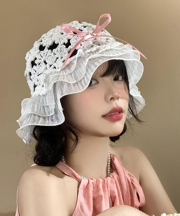 Japanese Style Knitted Hollow Out Bow Ruffled Bucket Hat WI026 hat-HAT241105