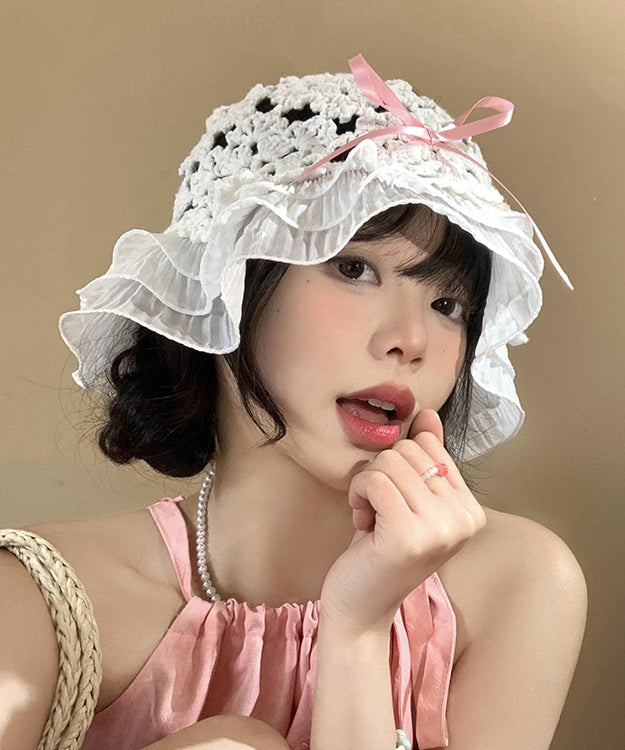 Japanese Style Knitted Hollow Out Bow Ruffled Bucket Hat WI026 hat-HAT241105