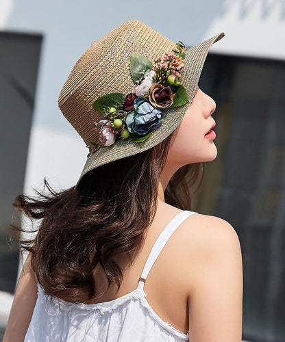 Japanese Vacation Style Flower Flat Top Straw Woven Hat YU1011 Hat-HAT240528