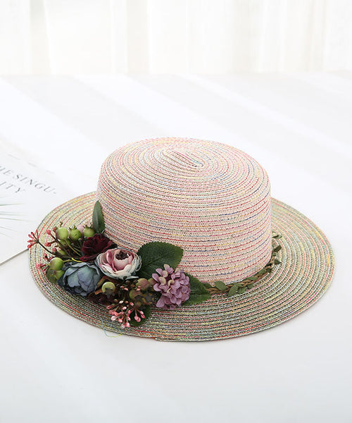 Japanese Vacation Style Flower Flat Top Straw Woven Hat YU1011 Hat-HAT240528