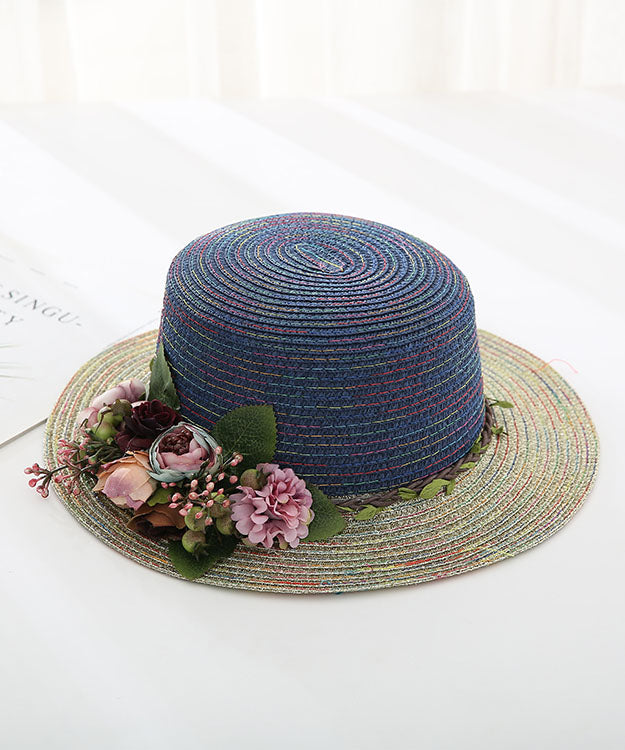 Japanese Vacation Style Flower Flat Top Straw Woven Hat YU1011 Hat-HAT240528