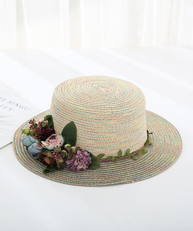 Japanese Vacation Style Flower Flat Top Straw Woven Hat YU1011 Hat-HAT240528