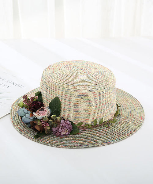 Japanese Vacation Style Flower Flat Top Straw Woven Hat YU1011 Hat-HAT240528