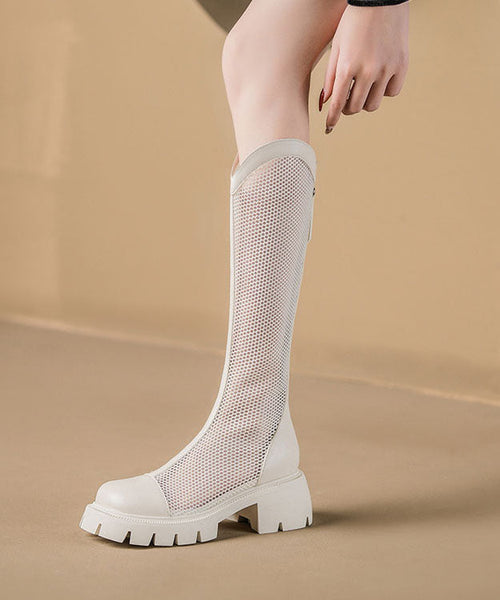 Khaki Breathable Mesh Chunky Cowhide Leather Casual Splicing Boots JJ083 Shoe-XZ240609