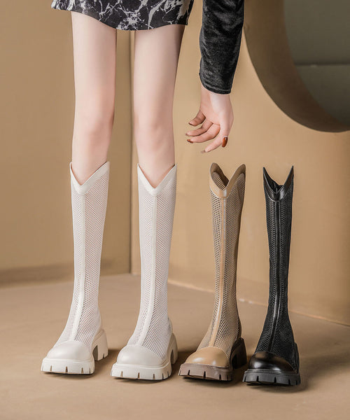 Khaki Breathable Mesh Chunky Cowhide Leather Casual Splicing Boots JJ083 Shoe-XZ240609