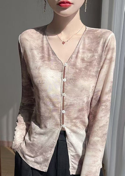 V T Fall Print Shirts Tulle Button Neck Khaki FashionChic