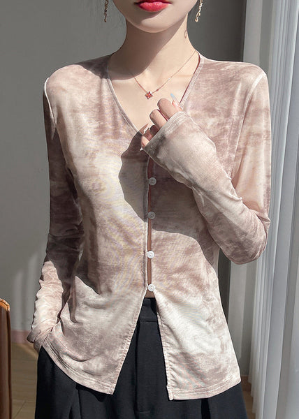 V T Fall Print Shirts Tulle Button Neck Khaki FashionChic