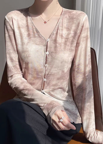 V T Fall Print Shirts Tulle Button Neck Khaki FashionChic