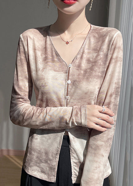 V T Fall Print Shirts Tulle Button Neck Khaki FashionChic