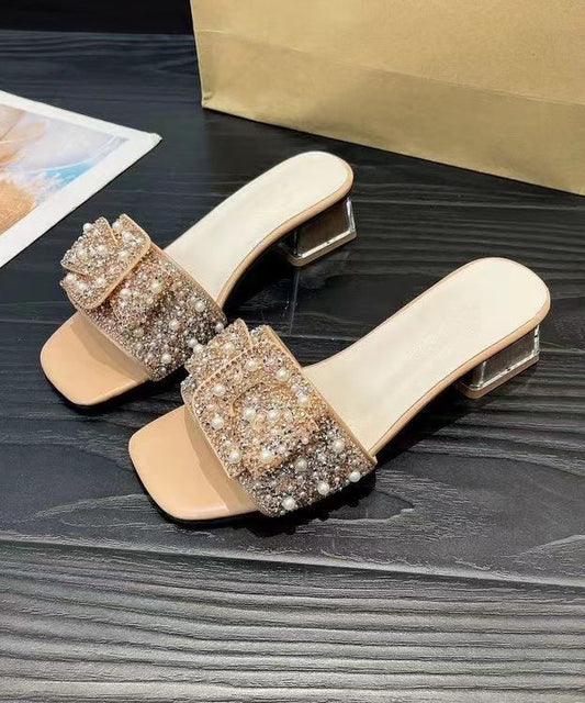 Khaki Chunky Heel Slide Sandals Boutique Zircon Nail Bead RT1022 Ada Fashion