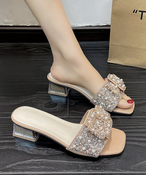 Khaki Chunky Heel Slide Sandals Boutique Zircon Nail Bead RT1022 Ada Fashion