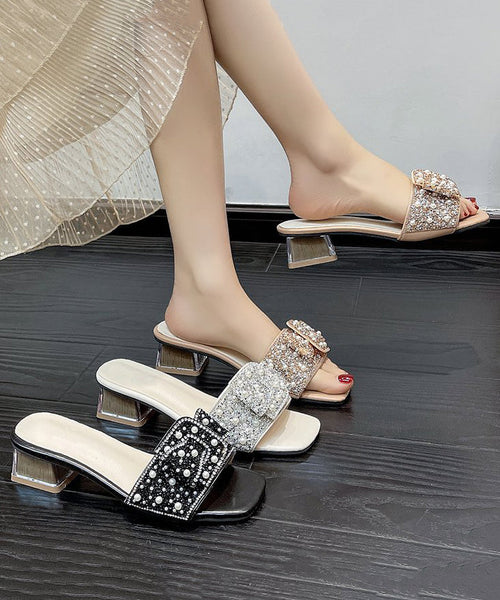 Khaki Chunky Heel Slide Sandals Boutique Zircon Nail Bead RT1022 Ada Fashion