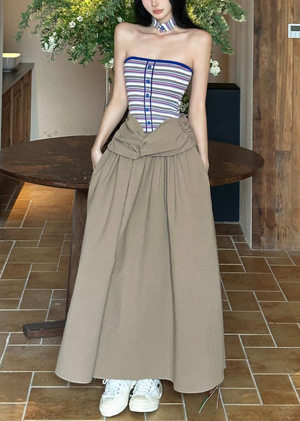 Cold Dresses Khaki Sleeveless Shoulder Maxi Wrinkled FashionChic