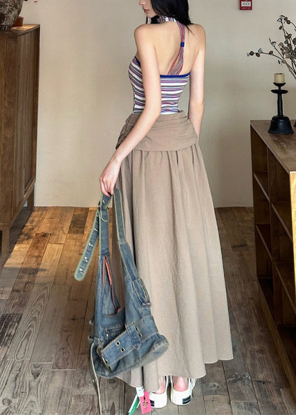 Cold Dresses Khaki Sleeveless Shoulder Maxi Wrinkled FashionChic