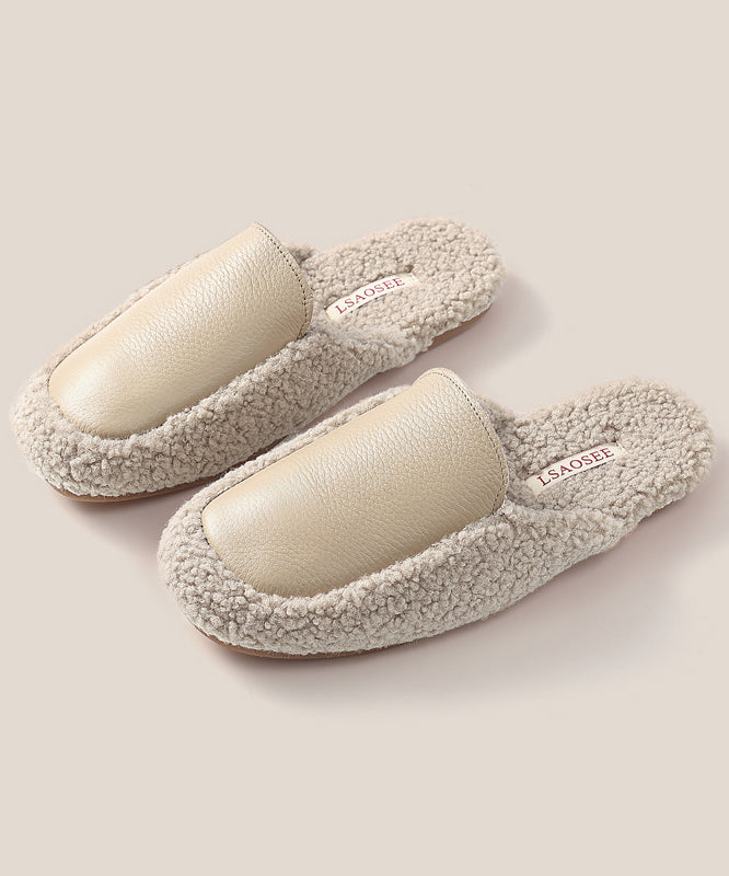 Khaki Comfy Slippers Shoes Splicing Fuzzy Wool Lined TP005