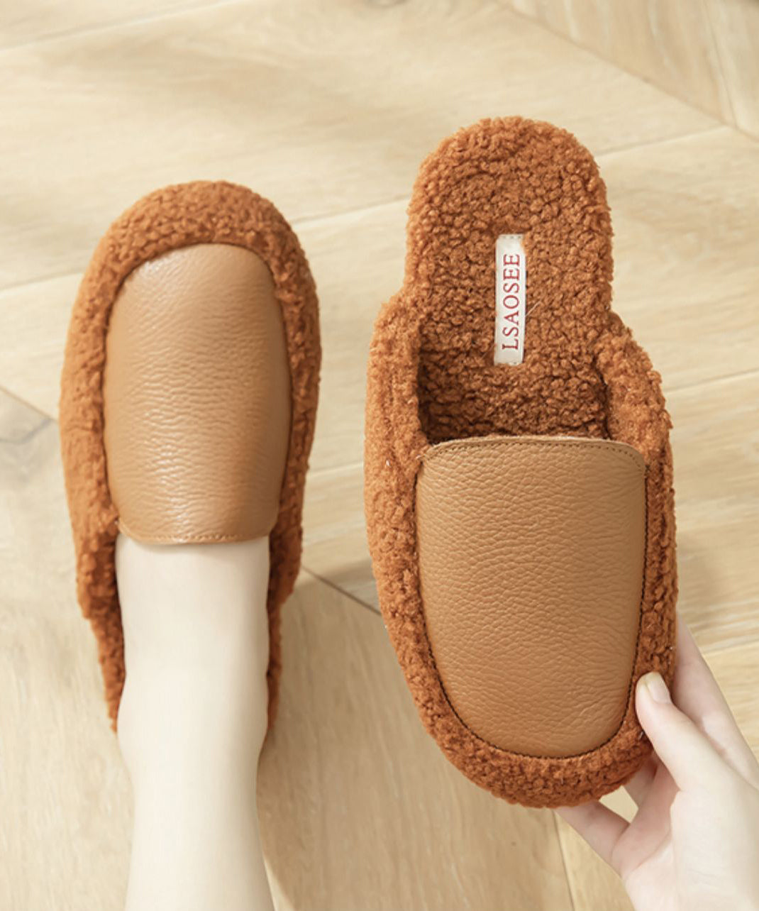 Khaki Comfy Slippers Shoes Splicing Fuzzy Wool Lined TP005