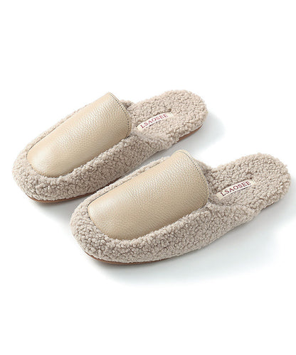 Khaki Comfy Slippers Shoes Splicing Fuzzy Wool Lined TP005