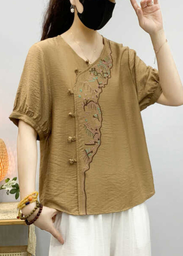 Khaki Embroidered Linen Blouse V Neck Short Sleeve RE044 MZF-STP240807