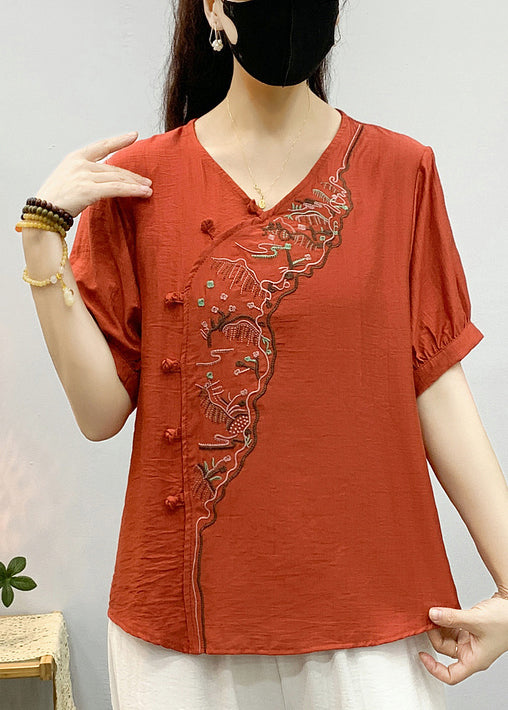 Khaki Embroidered Linen Blouse V Neck Short Sleeve RE044 MZF-STP240807