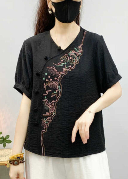 Khaki Embroidered Linen Blouse V Neck Short Sleeve RE044 MZF-STP240807