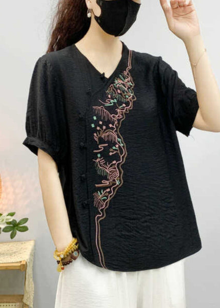 Khaki Embroidered Linen Blouse V Neck Short Sleeve RE044 MZF-STP240807