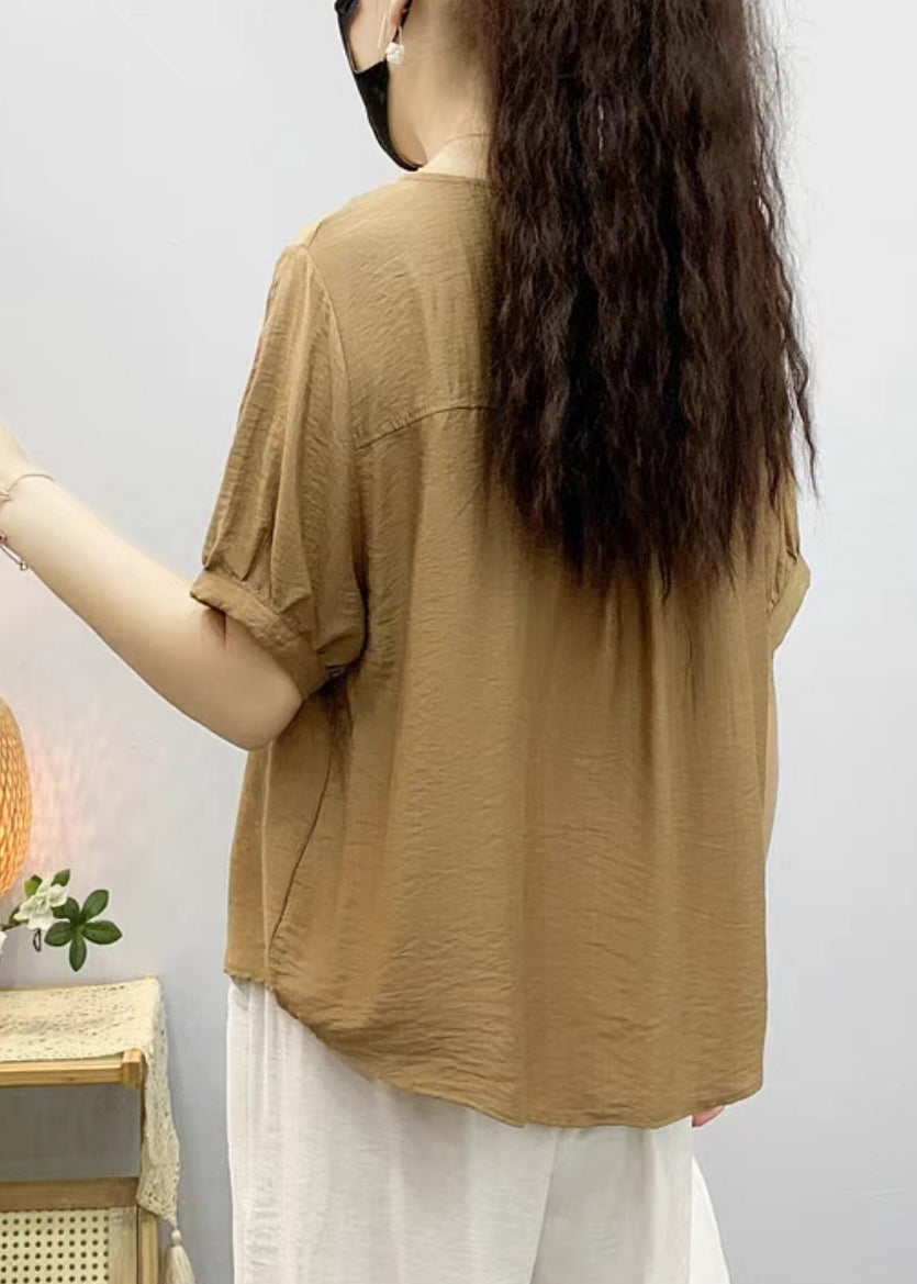 Khaki Embroidered Linen Blouse V Neck Short Sleeve RE044 MZF-STP240807