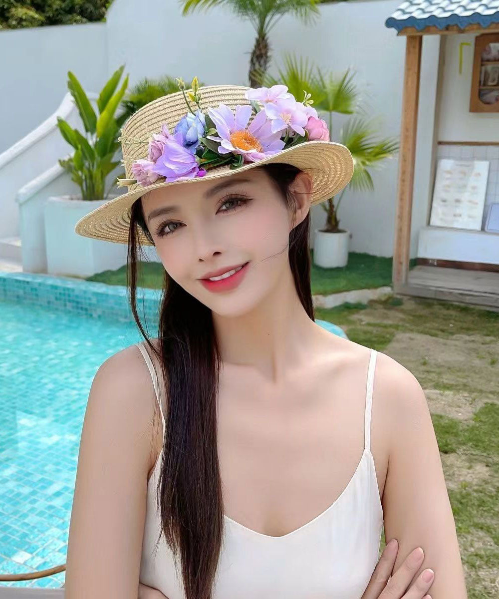 Khaki Flower Summer Beach Straw Woven Cloche Hat YU1010 Hat-HAT240528