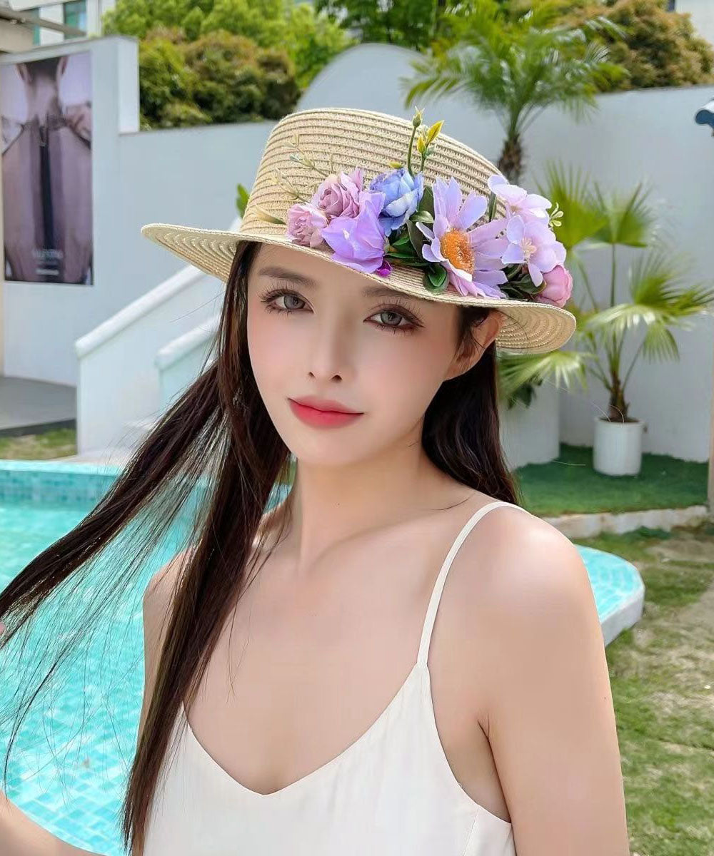 Khaki Flower Summer Beach Straw Woven Cloche Hat YU1010 Hat-HAT240528