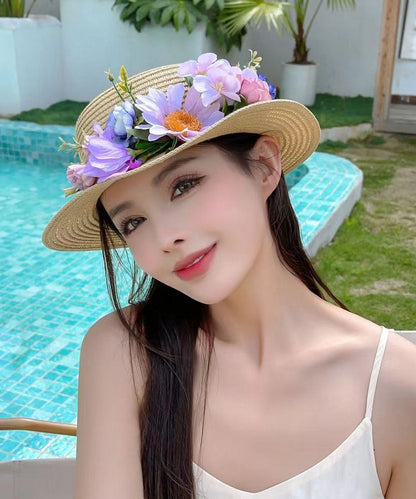 Khaki Flower Summer Beach Straw Woven Cloche Hat YU1010 Hat-HAT240528