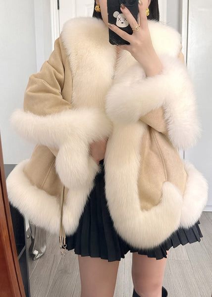 Khaki Lace Up Patchwork Parka Fox Collar Winter RC005 ABC