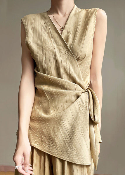 Neck Khaki Up Sleeveless Lace Solid V Cotton Shirts FashionChic