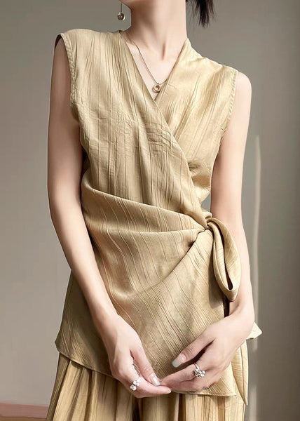 Neck Khaki Up Sleeveless Lace Solid V Cotton Shirts FashionChic