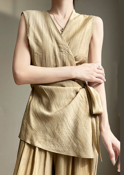 Neck Khaki Up Sleeveless Lace Solid V Cotton Shirts FashionChic