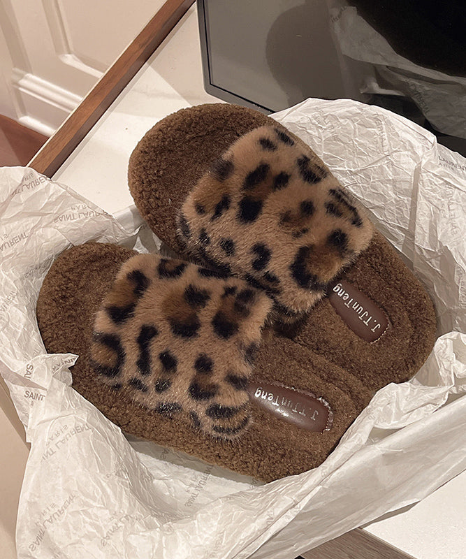 Khaki Leopard Faux Fur Slippers Shoes Splicing Platform TE025 ABC