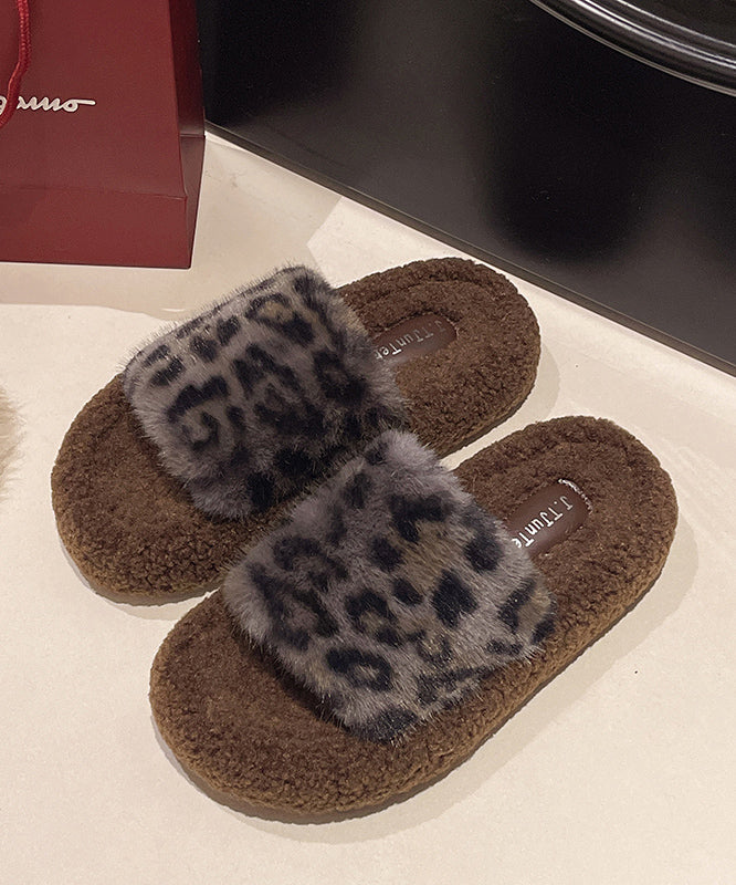 Khaki Leopard Faux Fur Slippers Shoes Splicing Platform TE025 ABC