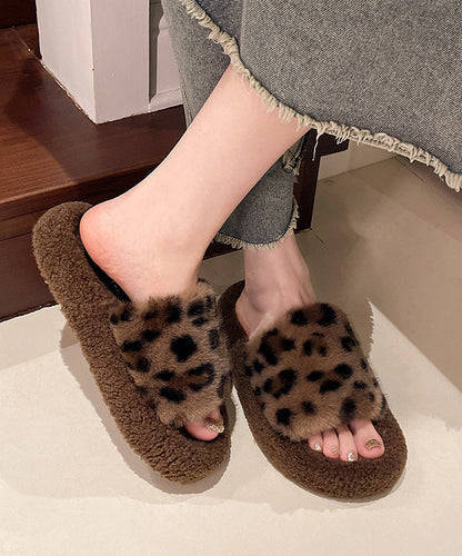 Khaki Leopard Faux Fur Slippers Shoes Splicing Platform TE025 ABC