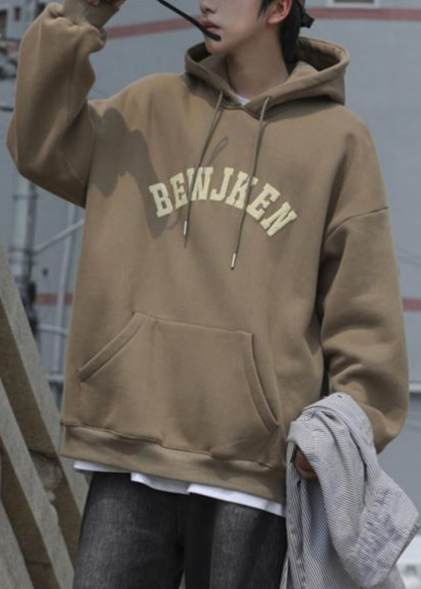 Khaki Letter Pockets Cotton Men Sweatshirts Hooded Spring YQ032 ABC