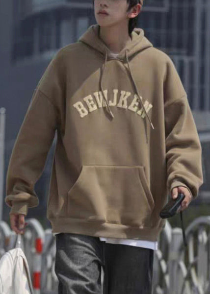 Khaki Letter Pockets Cotton Men Sweatshirts Hooded Spring YQ032 ABC