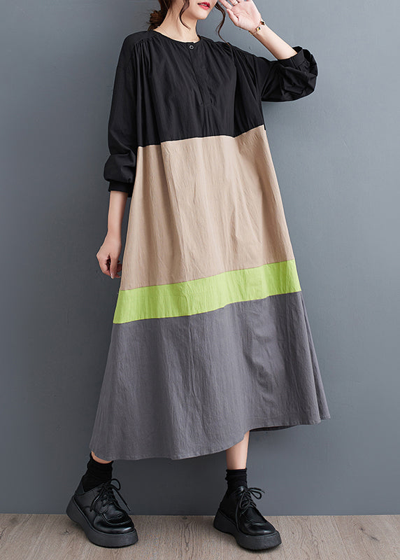 Khaki Loose Patchwork Cotton Long Dresses O Neck Fall QA045 OM-ZS241009