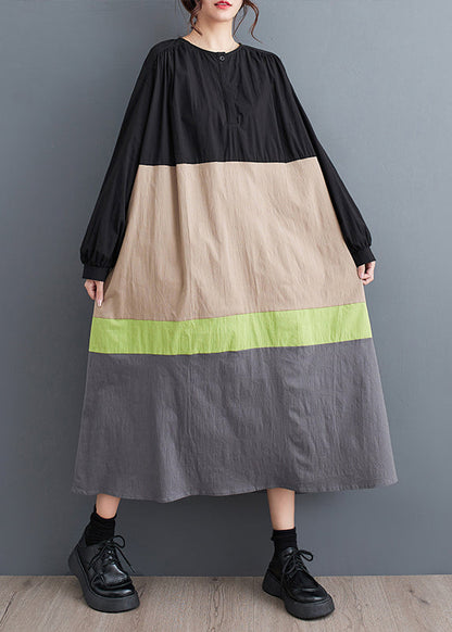 Khaki Loose Patchwork Cotton Long Dresses O Neck Fall QA045 OM-ZS241009
